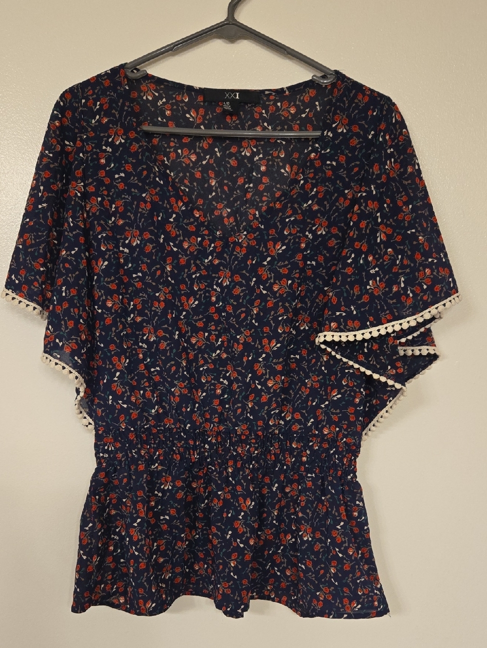 Forever 21 Navy Floral Peplum Blouse with Red and Cream Trim